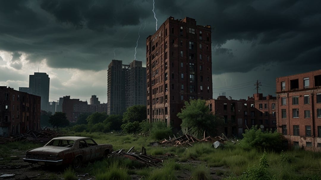 Lightning strikes illuminate a rusted car and crumbling brick buildings in a dark, overgrown ruined city.
