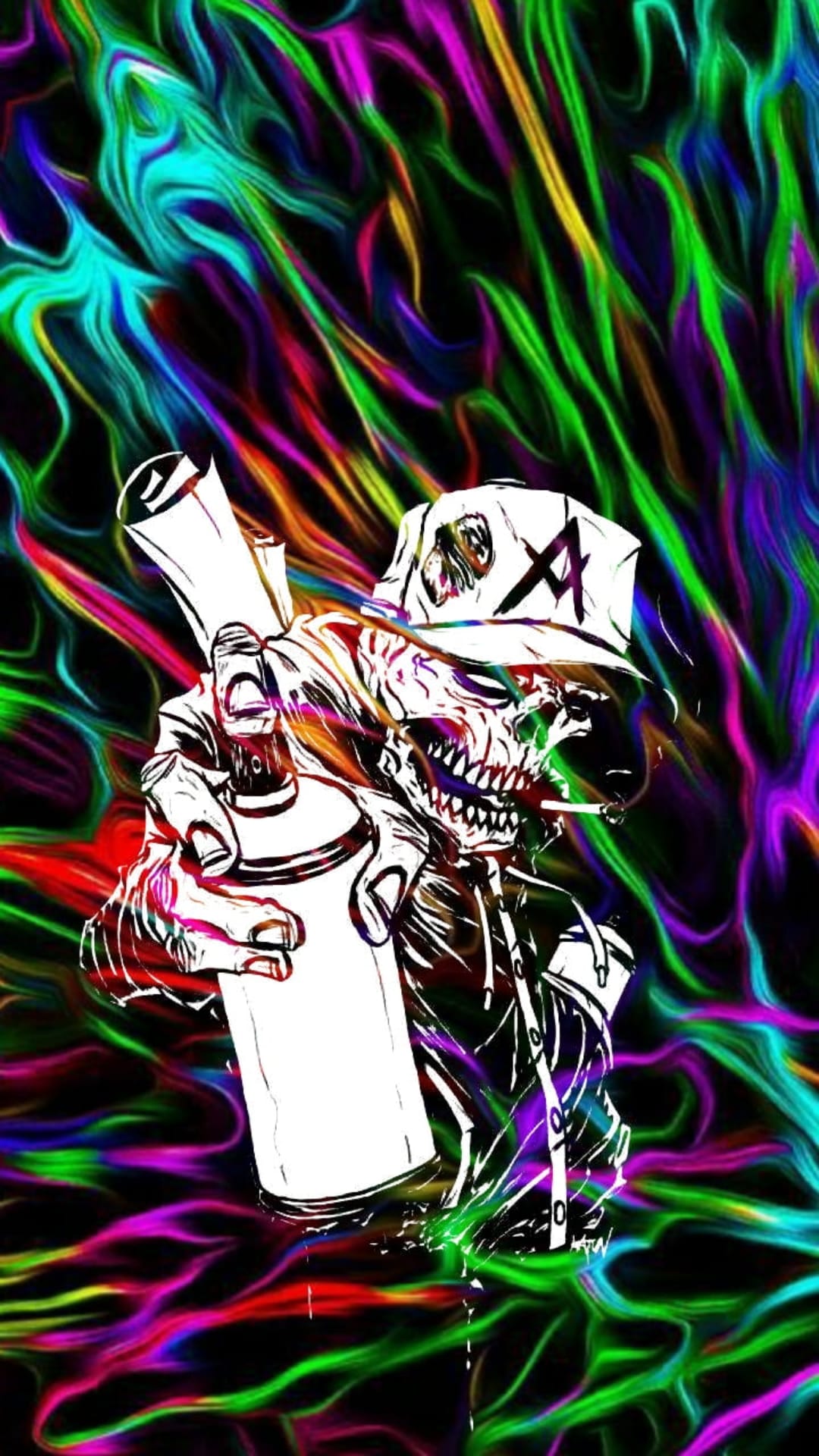 Skeleton graffiti artist holding a spray can and smoking a cigarette against a swirling neon psychedelic backdrop.