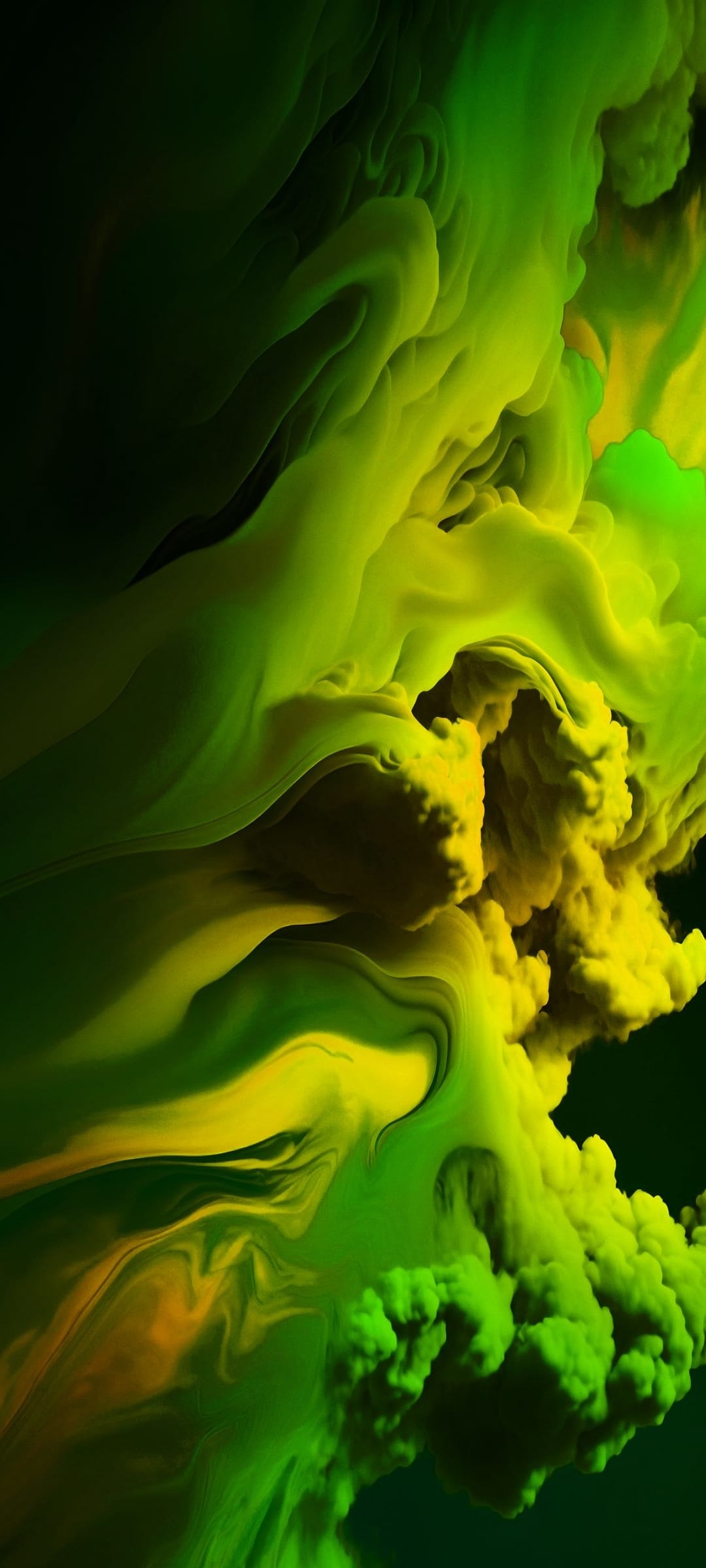 Swirling lime and yellow gaseous plumes intertwining against a black background in a vertical composition.