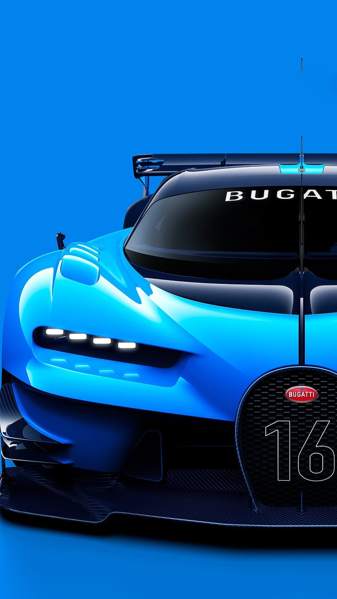 Bugatti Chiron Super Sport 300+ with a blue horseshoe grille and number 16 against a bright blue background.