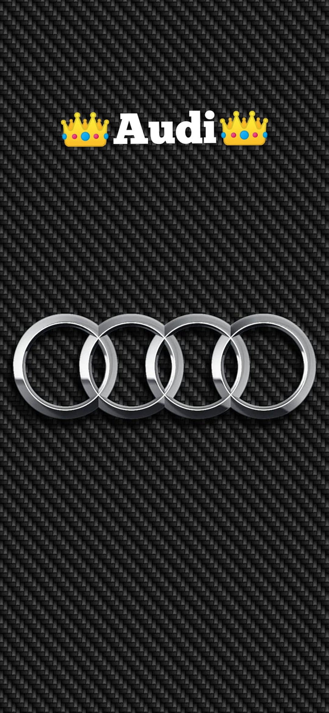 Silver Audi rings and text flanked by two ornate golden crowns on a dark woven carbon fiber background texture.