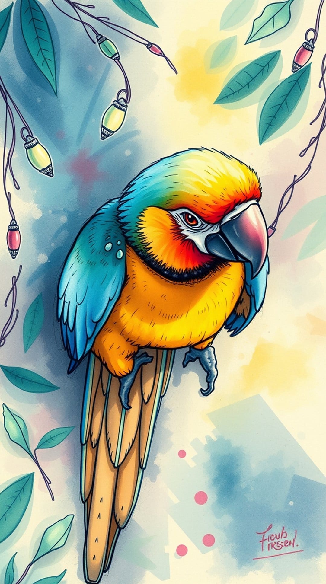 Blue and yellow macaw perches on a branch with glowing string lights and green leaves in a tropical setting.
