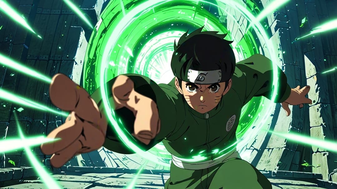 Ninja in green clothing activates a swirling energy blast amidst shattered stones and glowing light beams.