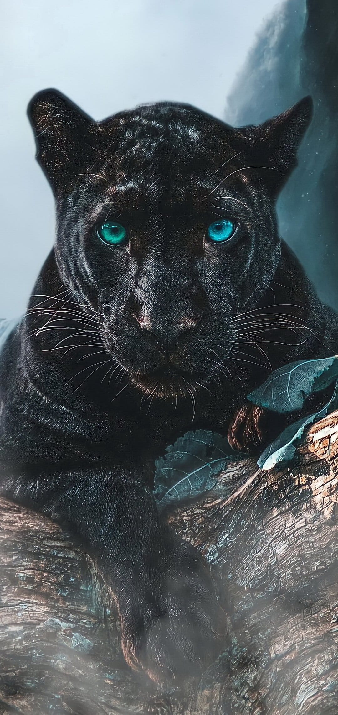 Black panther with glowing blue eyes rests on a thick tree branch amidst a dark and misty forest landscape.