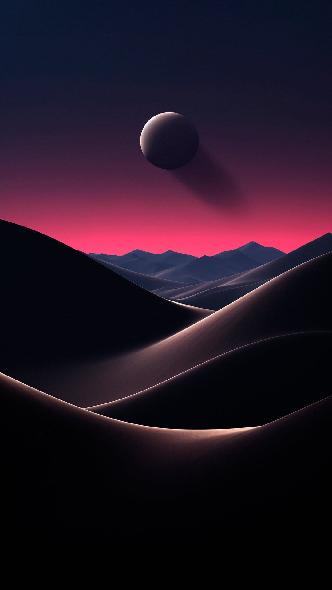 Dark sand dunes undulate under a giant moon and vibrant pink and purple twilight sky with distant mountains.