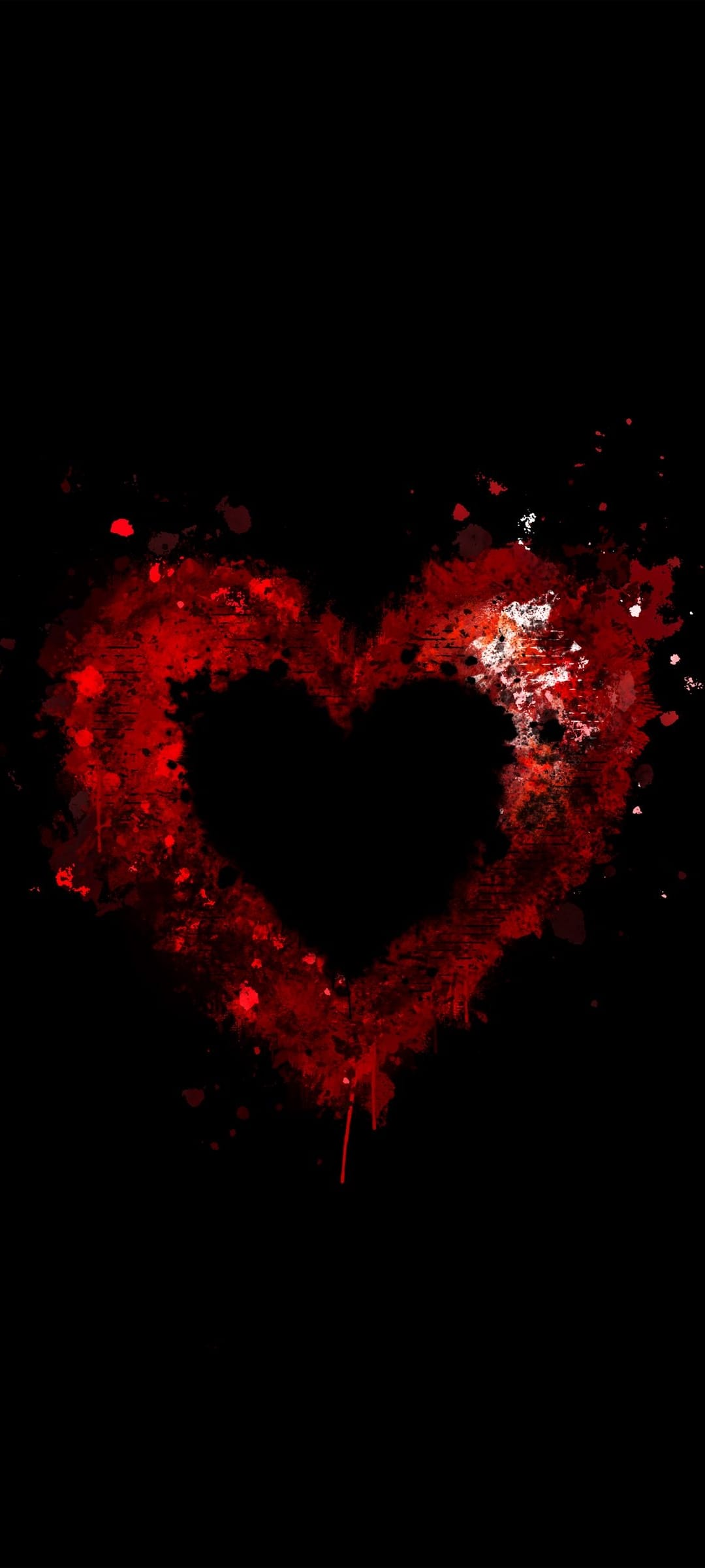 Vibrant red paint splatters and textured brushstrokes forming a stylized heart against a deep black background.