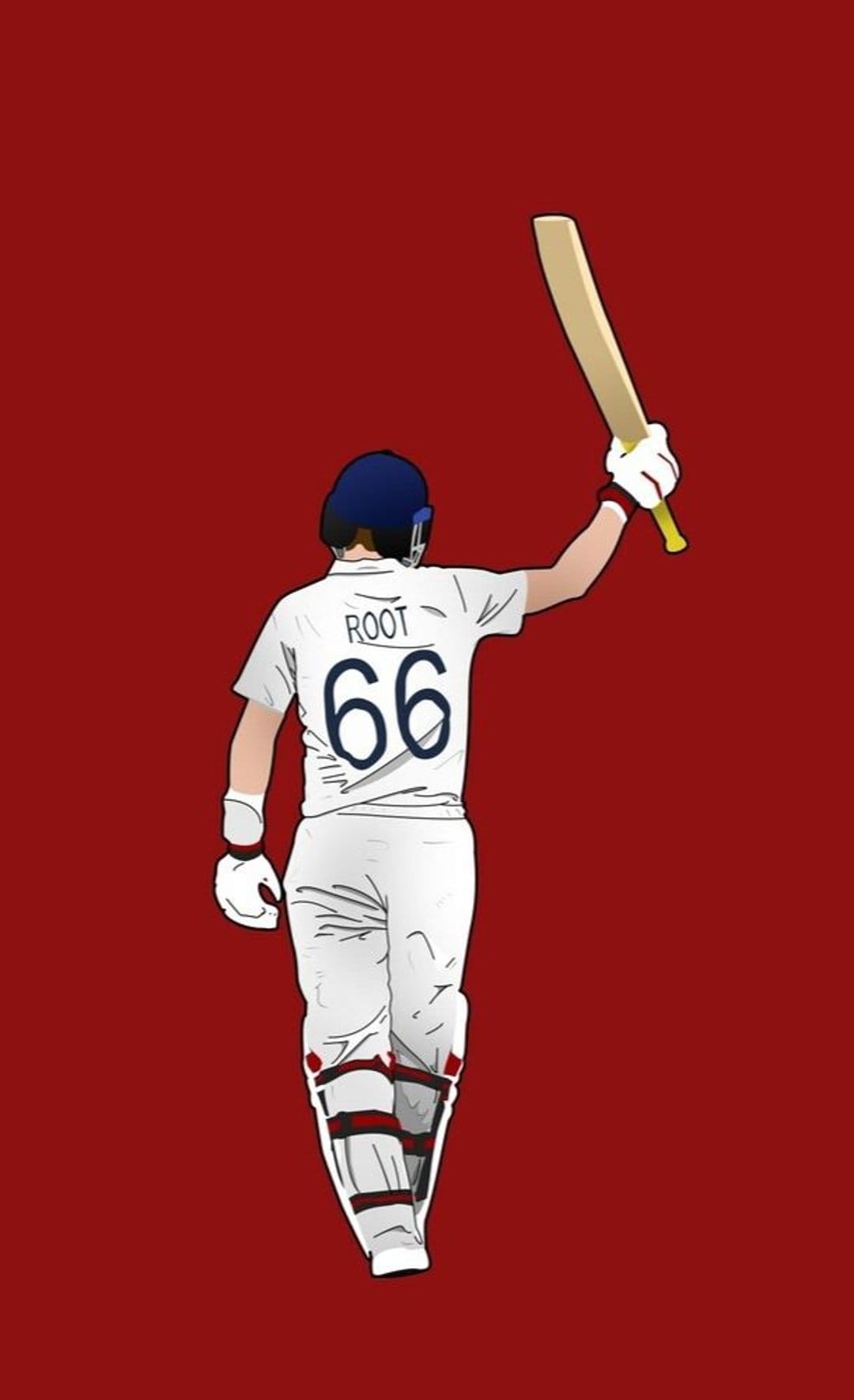Cricket player in a white uniform with number 66 raises a bat in celebration against a dark red background.