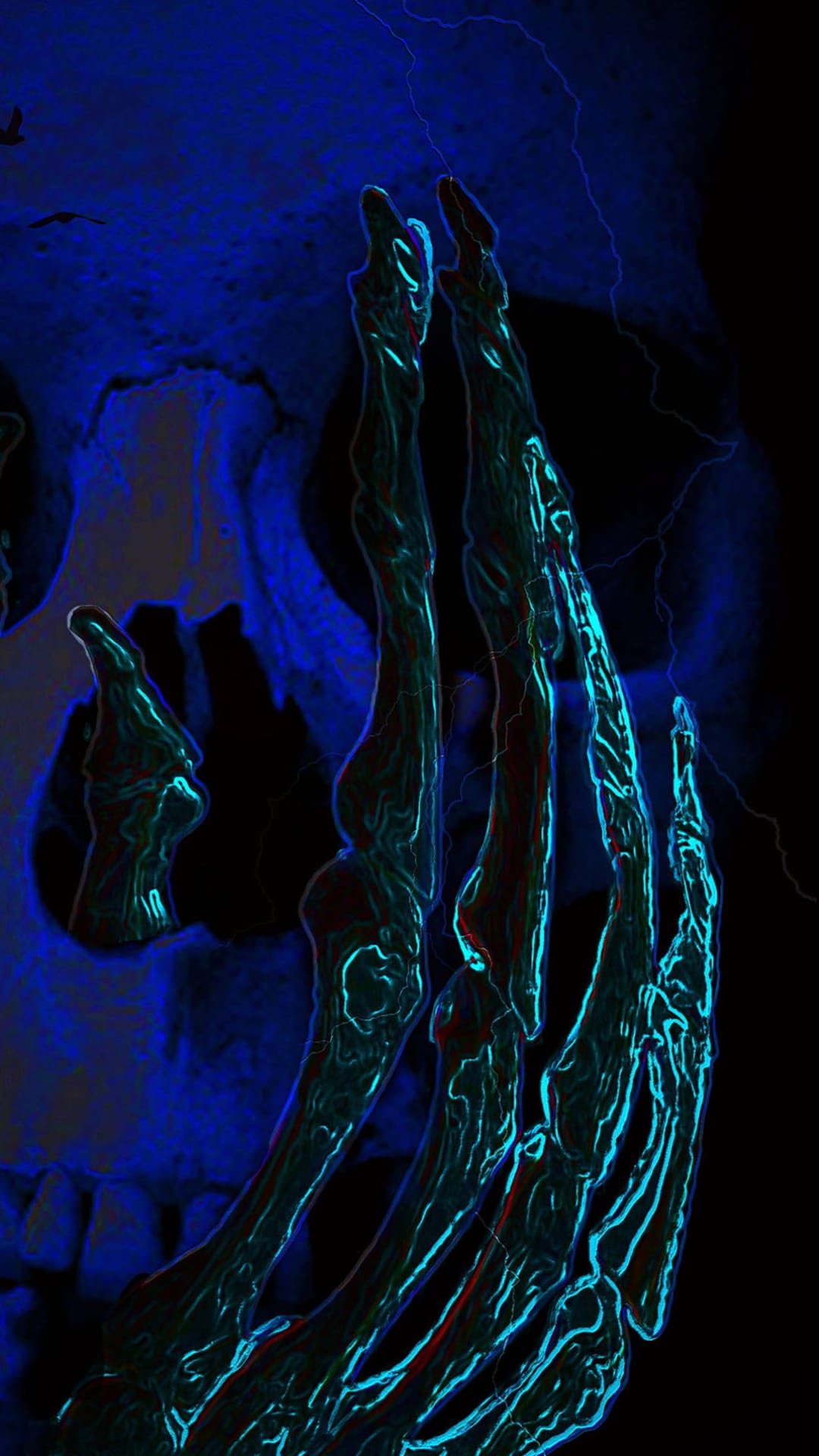 Skeleton hand and skull illuminated by vibrant blue neon lightning against a dark, shadowy background.