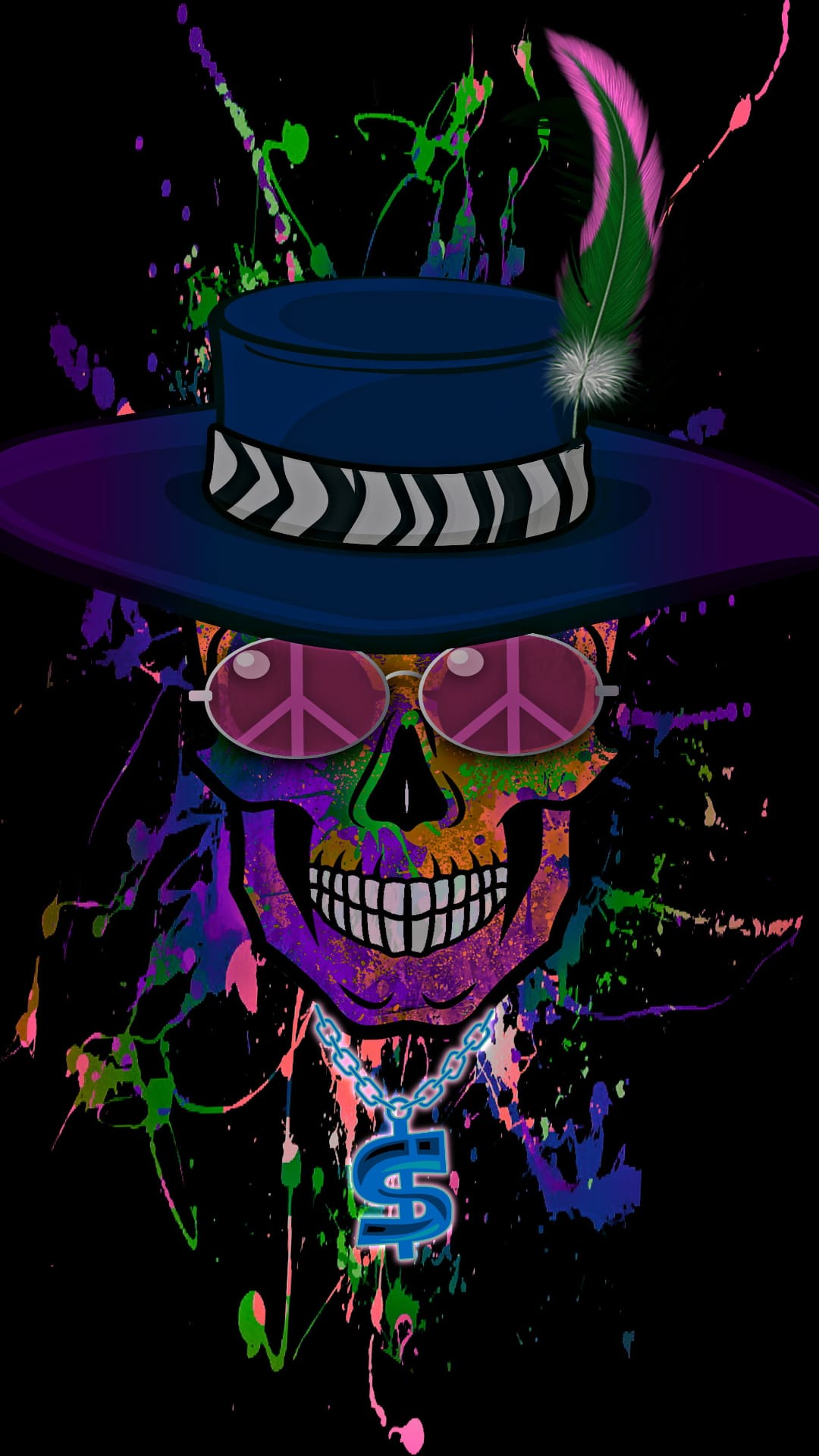 Stylized skull wearing a blue hat, pink peace sign glasses, and a dollar sign necklace amid paint splatters.