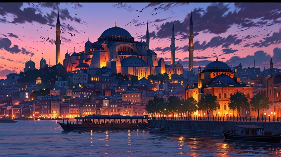 Hagia Sophia mosque illuminated by warm lights at dusk under a vivid pink and purple sky overlooking the Bosphorus.