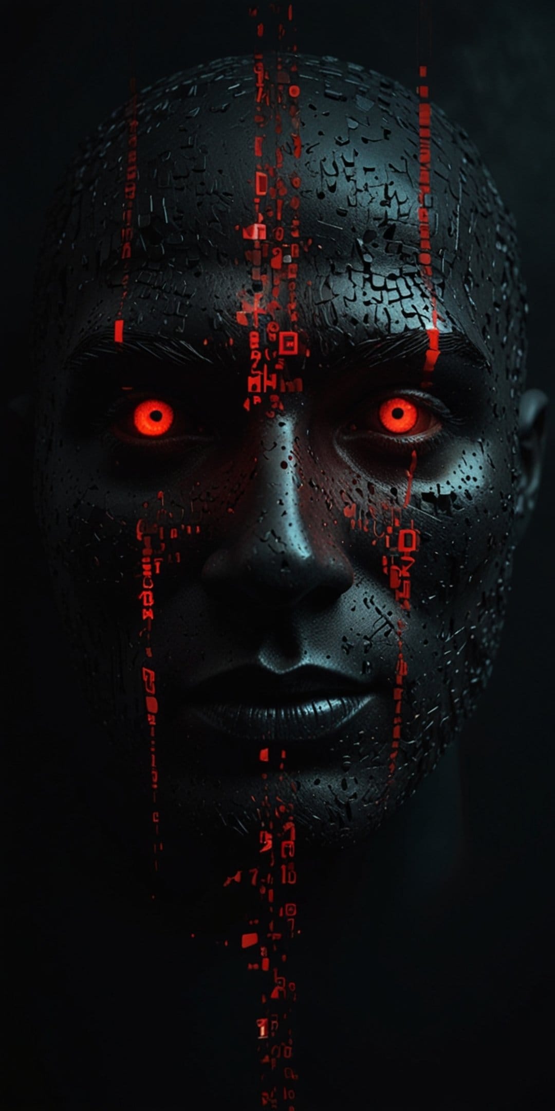Cybernetic face with metallic black texture and glowing red eyes features cascading red binary digital code.