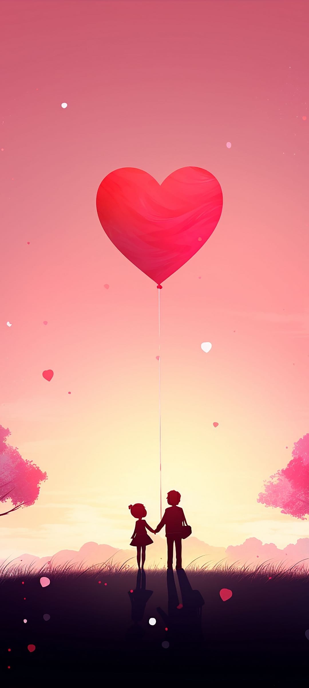 Silhouette couple holding hands under a large heart balloon during a pink and orange sunset with cherry blossoms.
