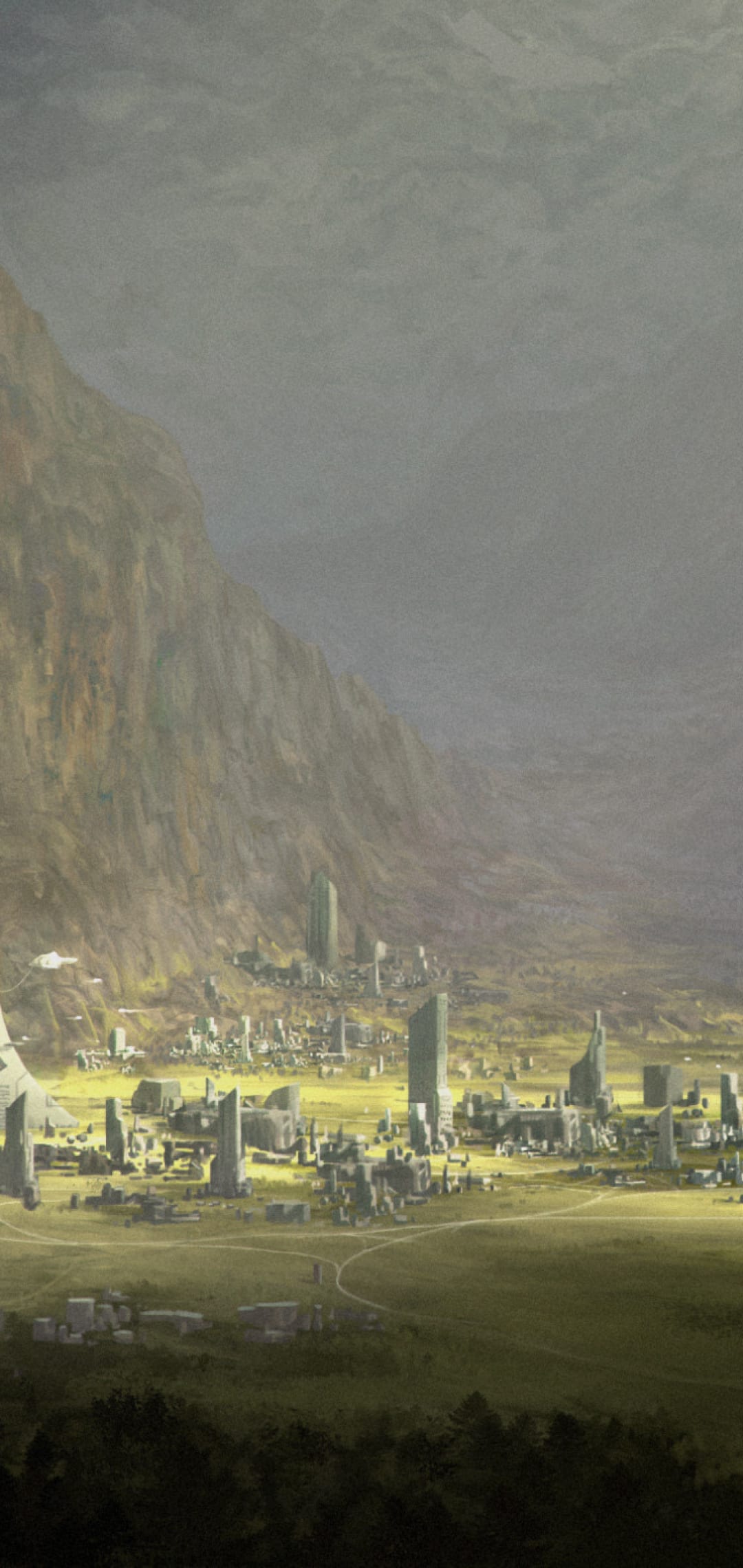Futuristic skyscrapers with glowing windows sit at the base of a dark cliff under a cloudy, atmospheric sky.