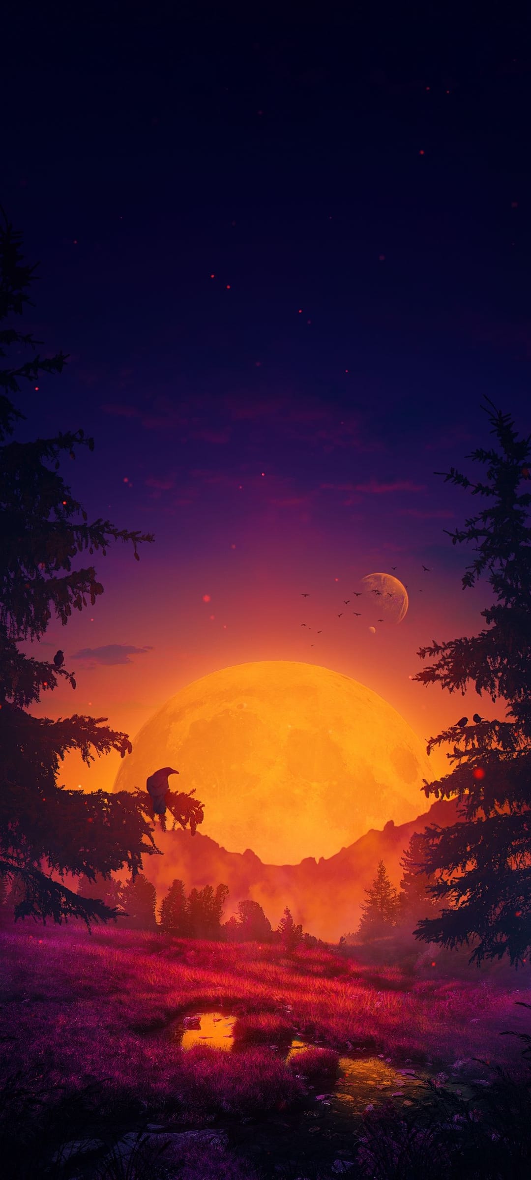 Lone rider on horseback silhouettes against a massive orange moon and purple mountains at sunset by a small pool.