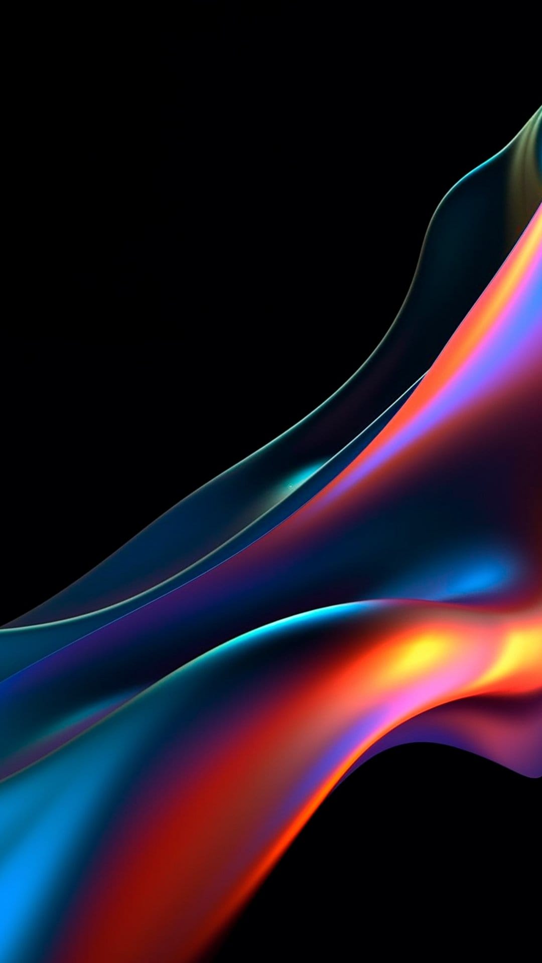 Fluid iridescent waves of blue, purple, and orange swirl across a solid black background in vertical alignment.