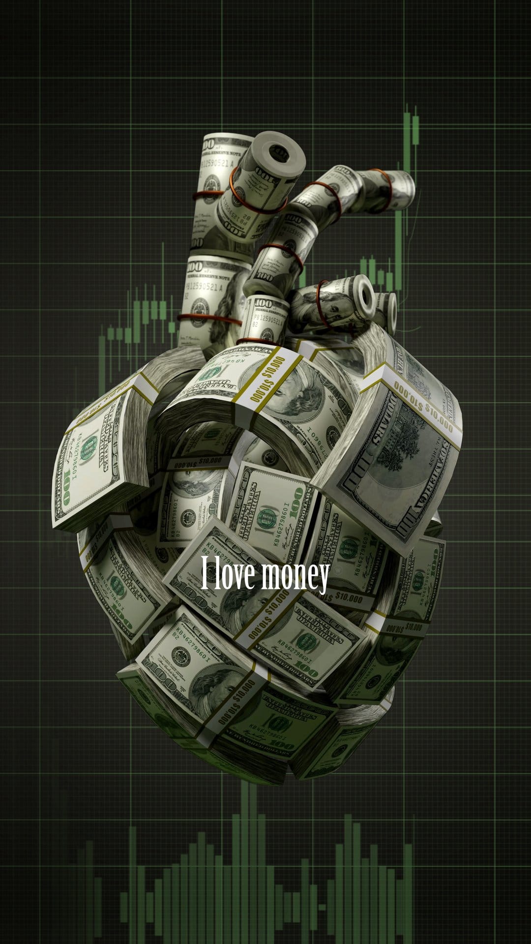 Heart-shaped sculpture made of rolled hundred dollar bills placed in front of a green financial growth chart.