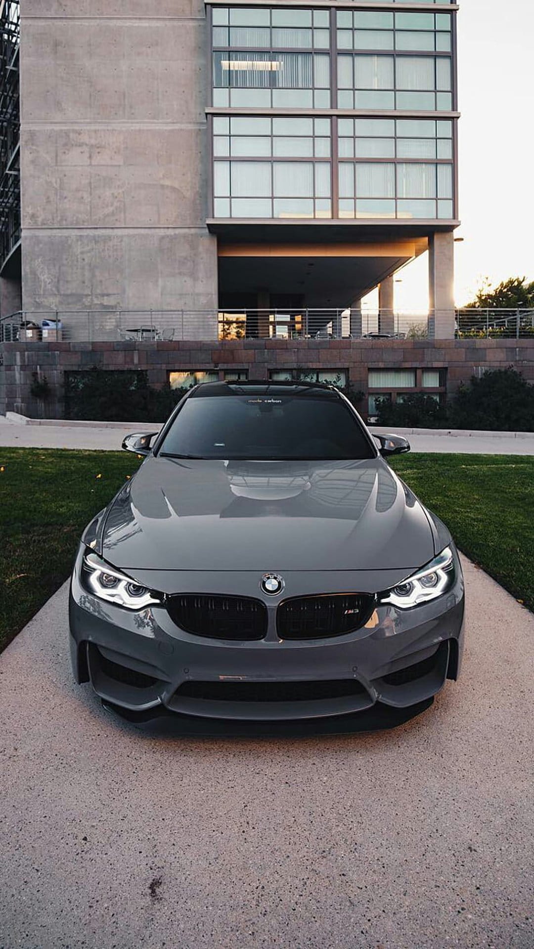 Grey BMW M4 coupe parked on a concrete driveway in front of a modern glass building with green grass accents.