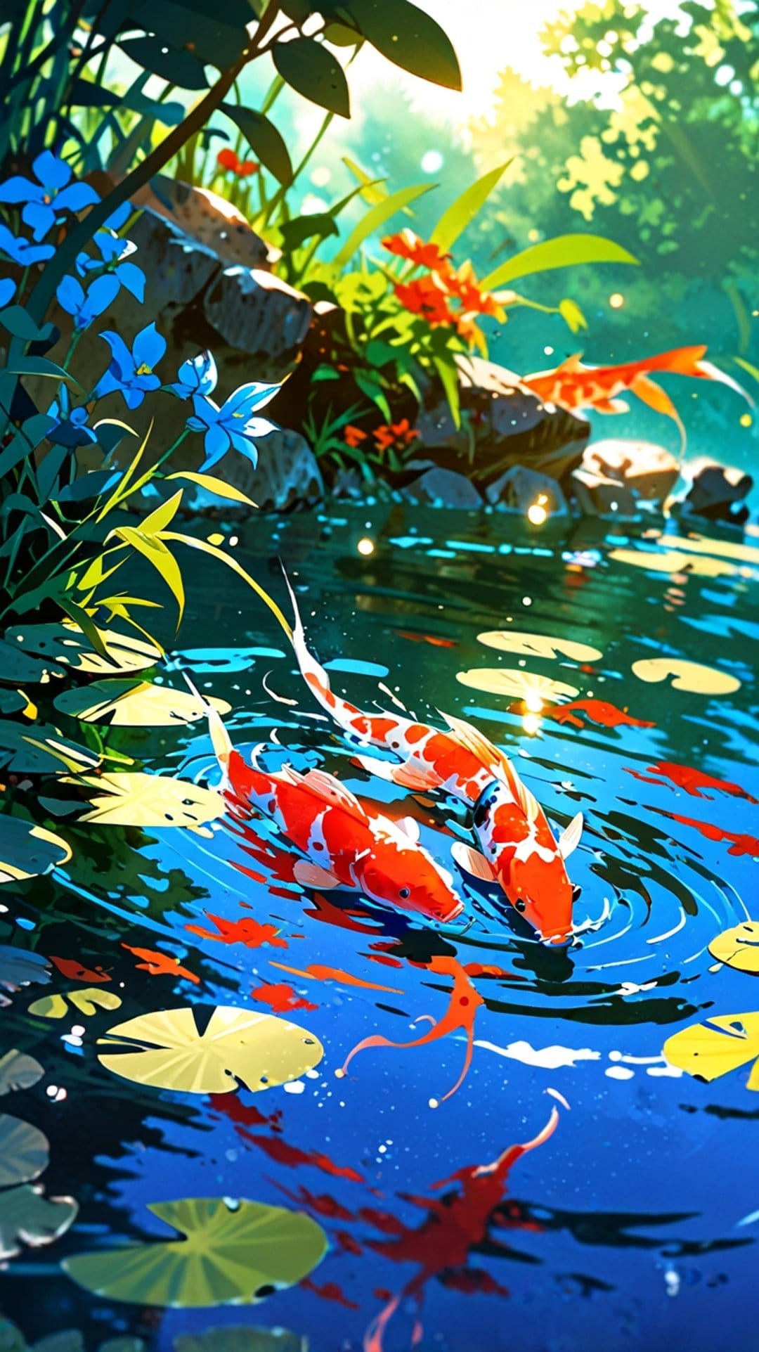 Orange and white koi fish swimming beneath green lily pads in a sunlit Japanese pond with lush water plants.