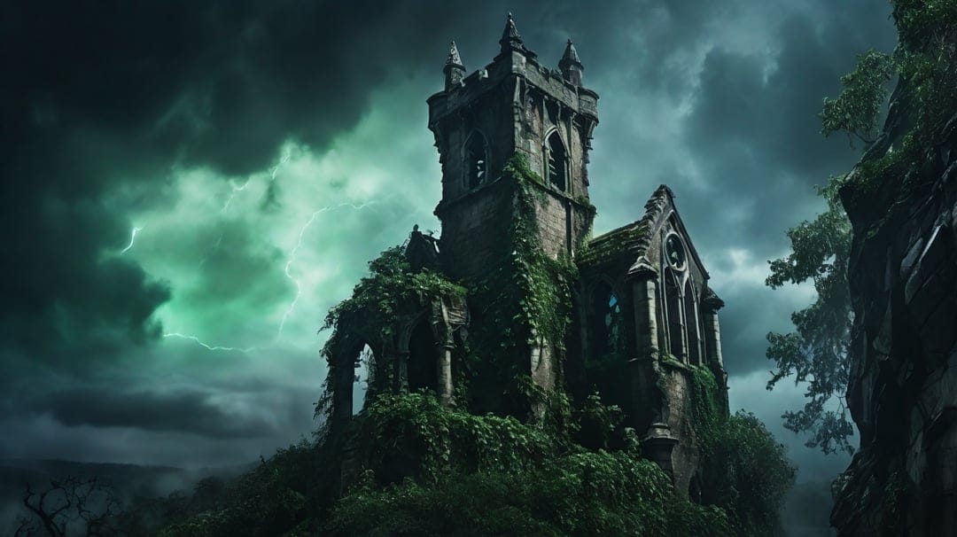 Gothic church ruins covered in ivy glow under green lightning flashes beneath a dark, turbulent storm sky.