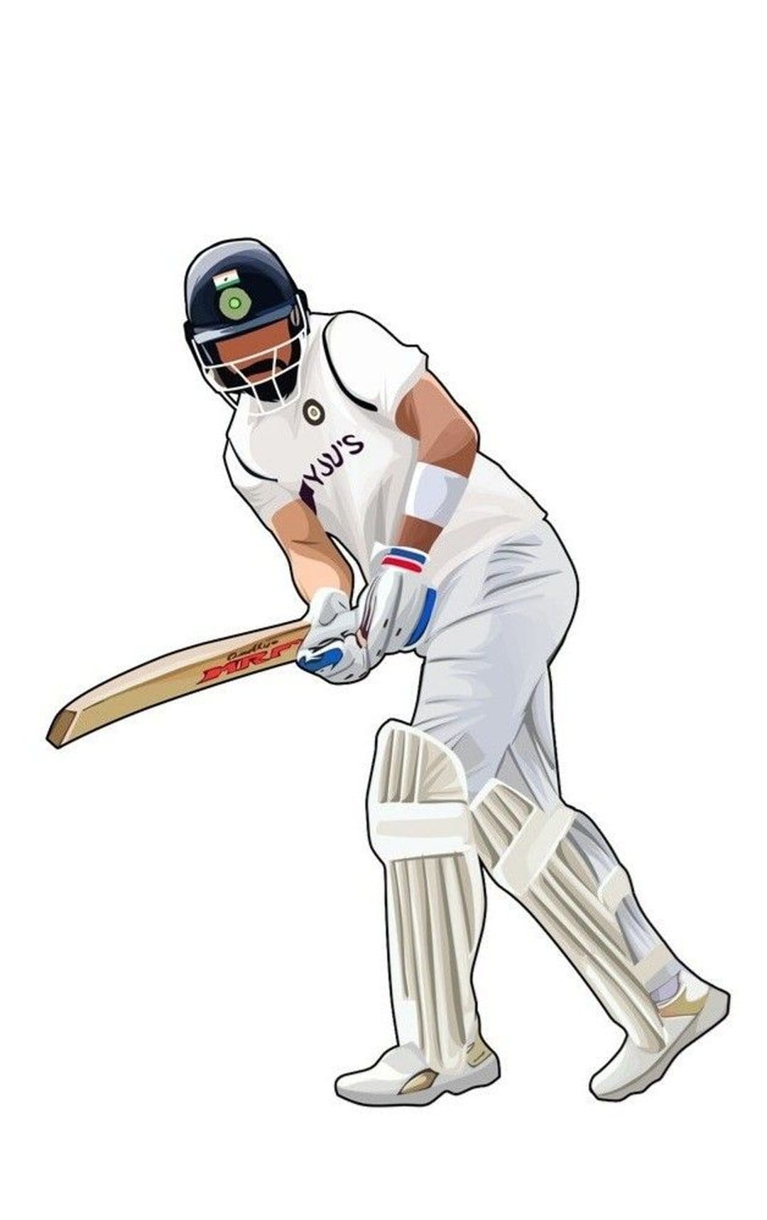 Virat Kohli in white India Test cricket gear holds a bat in a focused batting stance with a helmet and pads.