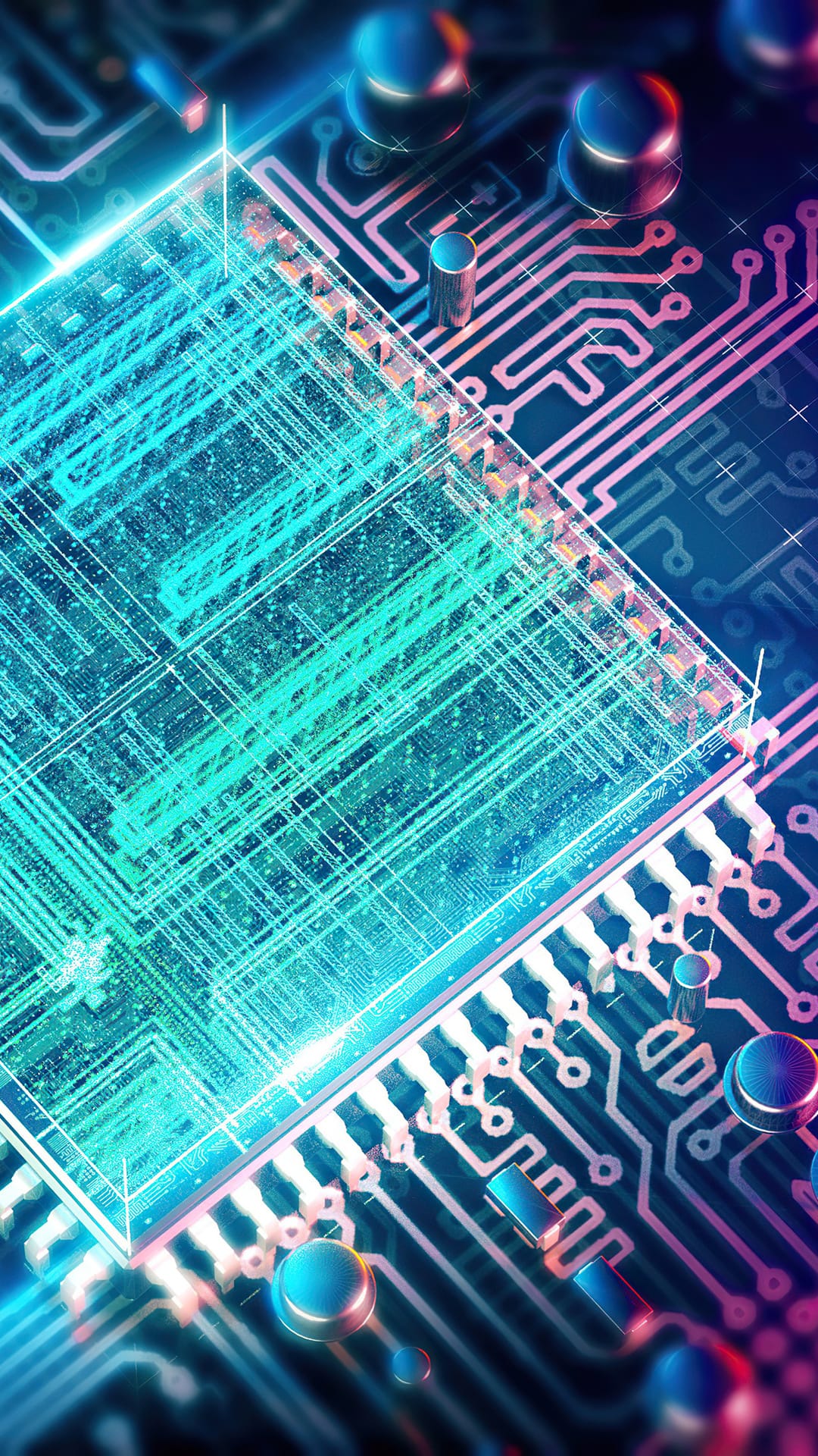Neon pink and blue circuit board pathways glow amidst dark microchips and intricate electronic components.