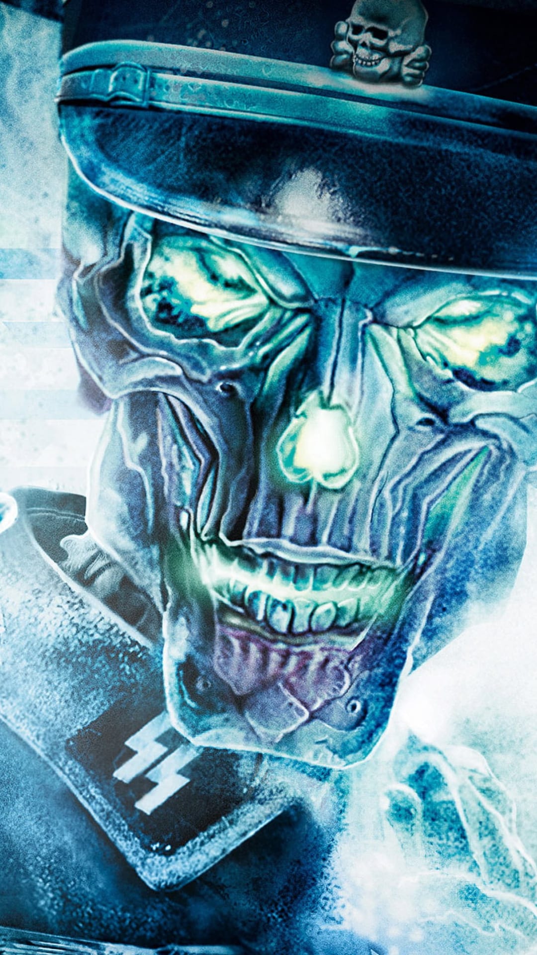 Undead soldier with a skull face and glowing green eyes wears a military cap with a skull emblem in blue mist.