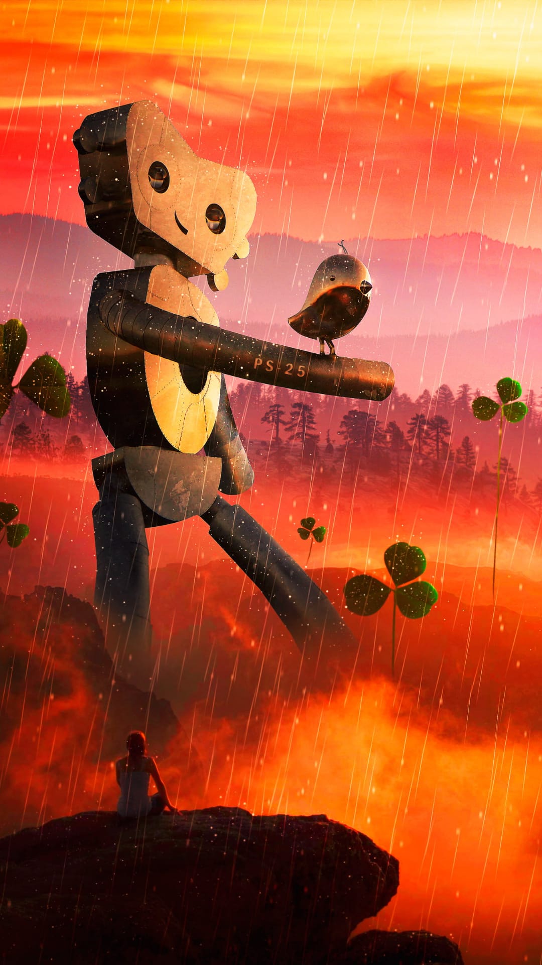 Vintage robot with a bird on its arm stands in a rainy sunset landscape beside a figure on a rock.
