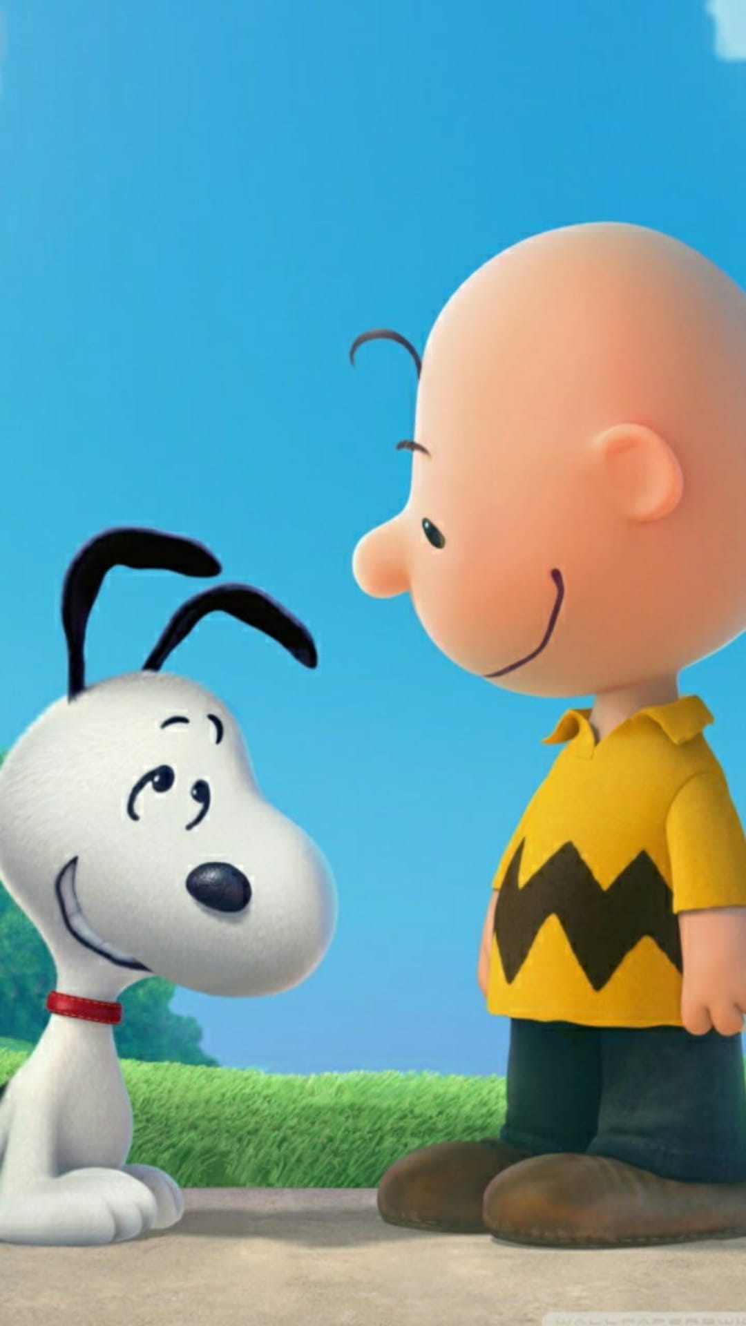 Charlie Brown in a yellow zigzag shirt looks at Snoopy against a bright blue sky and lush green grass.