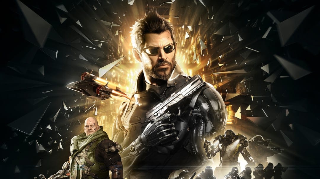 Adam Jensen with a mechanical arm holds a silver gun amidst golden light and floating black geometric shards.