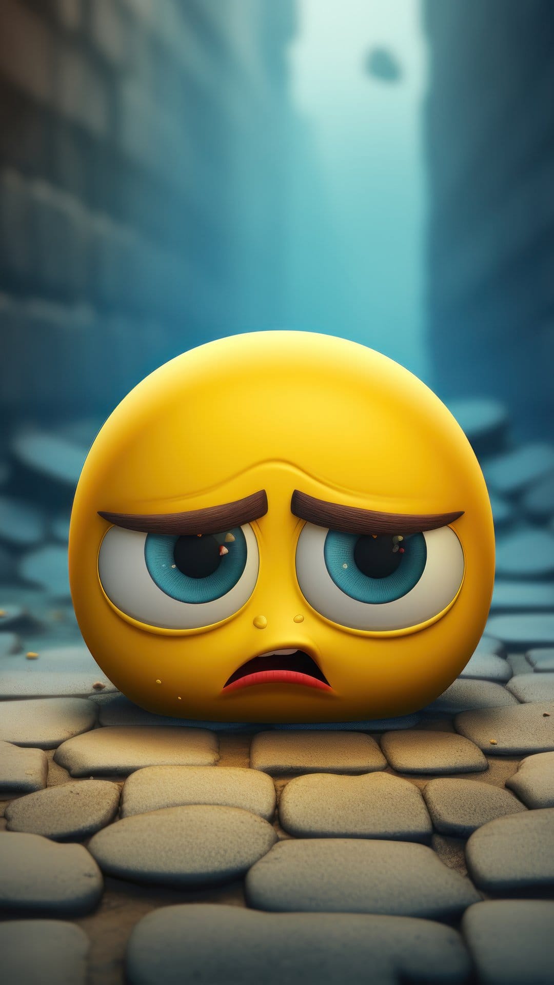 Sad yellow emoji with large blue eyes sits on a textured cobblestone road surrounded by dim city buildings.