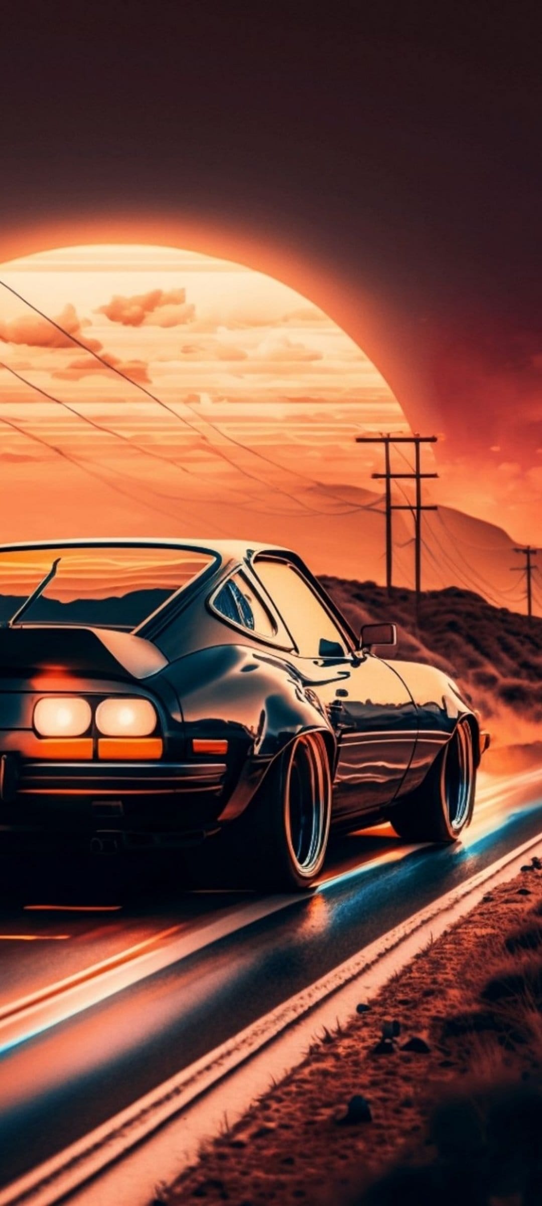 Dark muscle car with chrome accents driving on a wet desert road towards a vibrant orange and red mountain sunset.