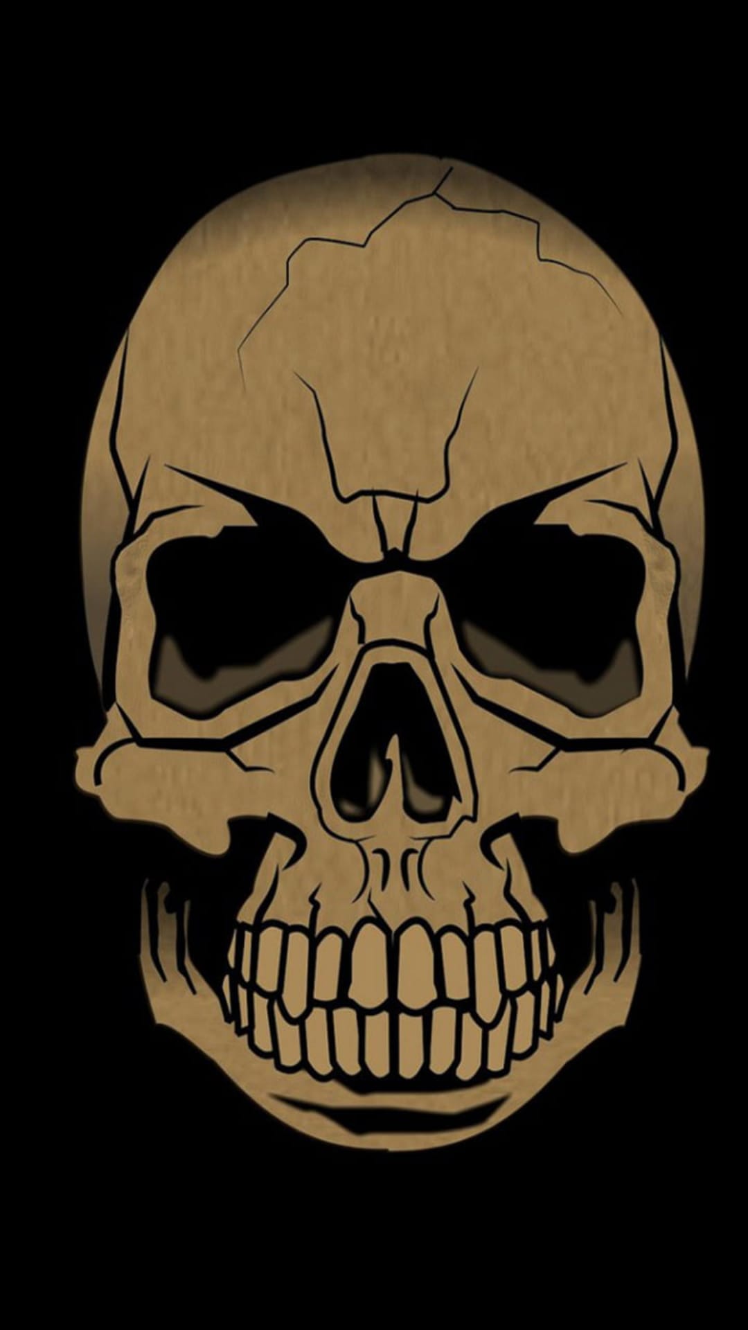 Golden skull with deep cracks and hollow eyes set against a black background in a vertical composition.