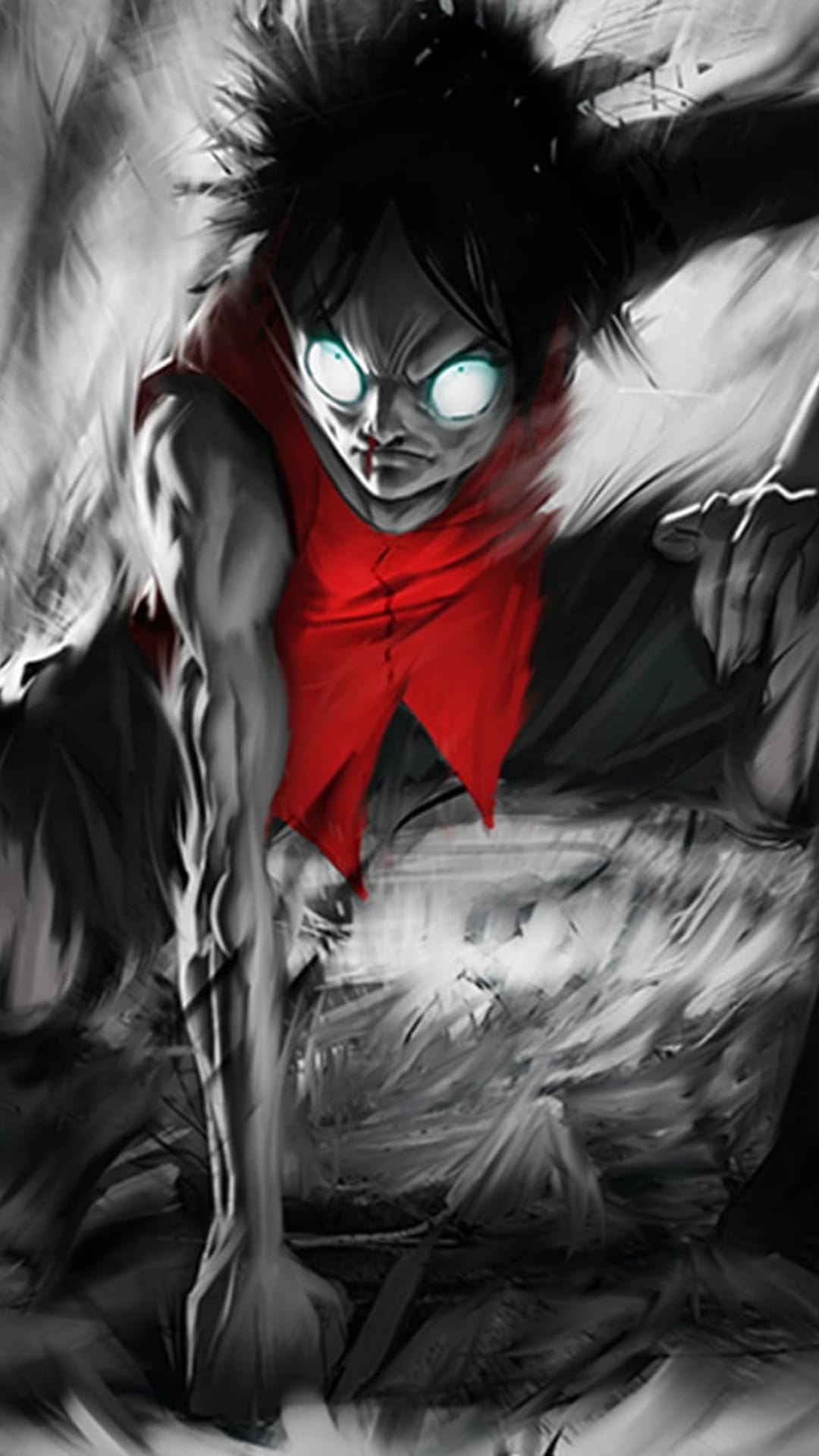 Monkey D. Luffy posing in Gear Second with glowing red eyes and steam rising against a dark monochromatic background.