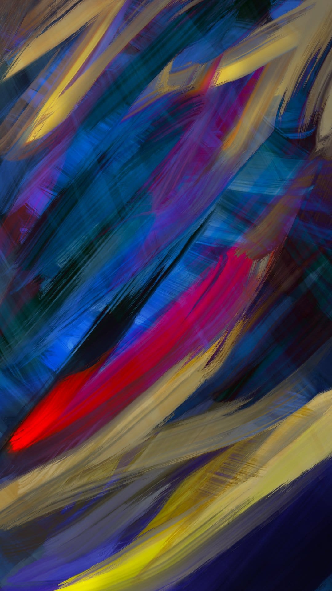 Thick blue, red, and yellow paint strokes swirl together with visible brush textures in a vertical composition.