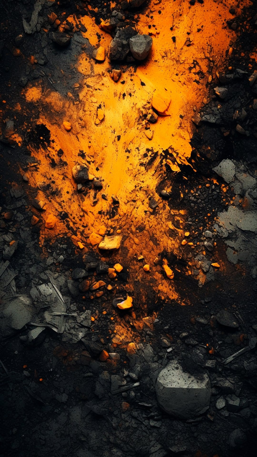Bright orange powder exploding across dark textured rocks with scattered stone debris and fine dust particles.