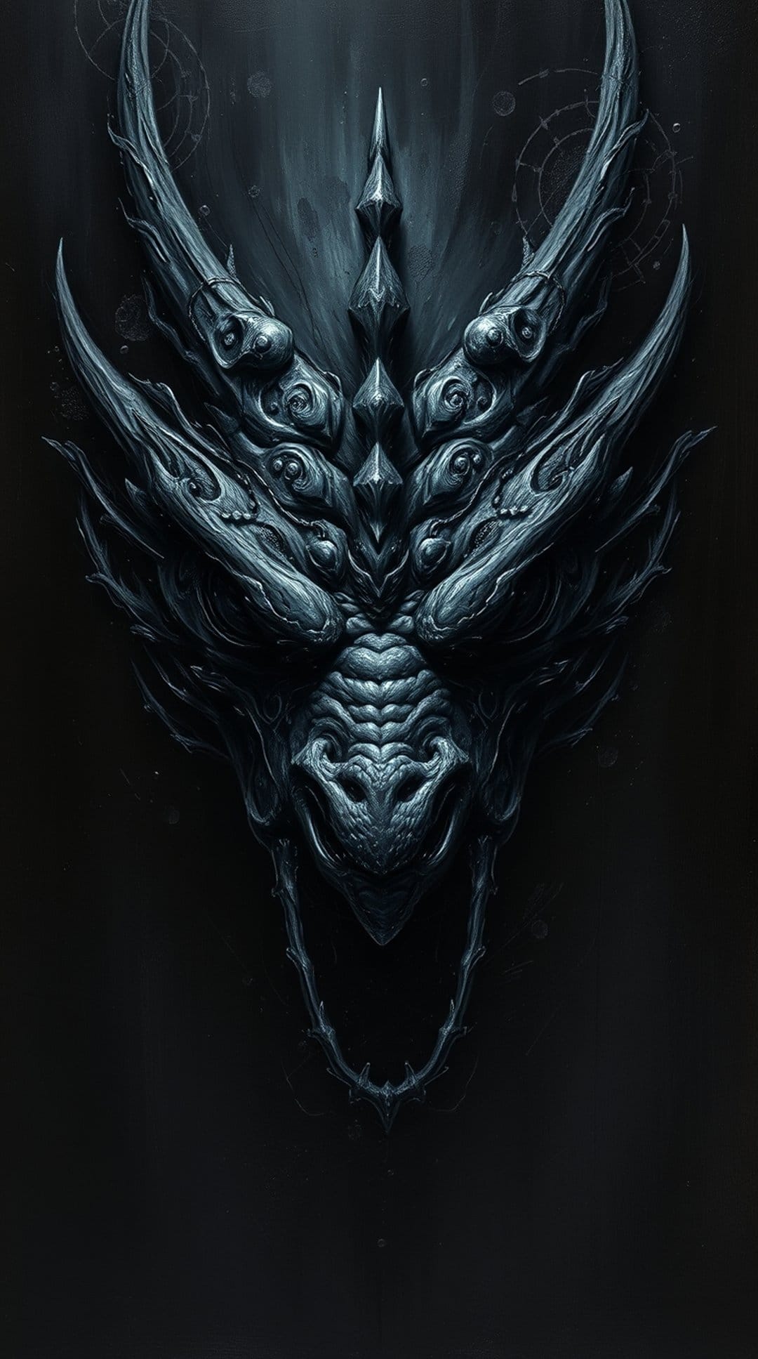 Dragon head with sharp scales and intense eyes emerging from deep shadows in a monochromatic, high-contrast style.