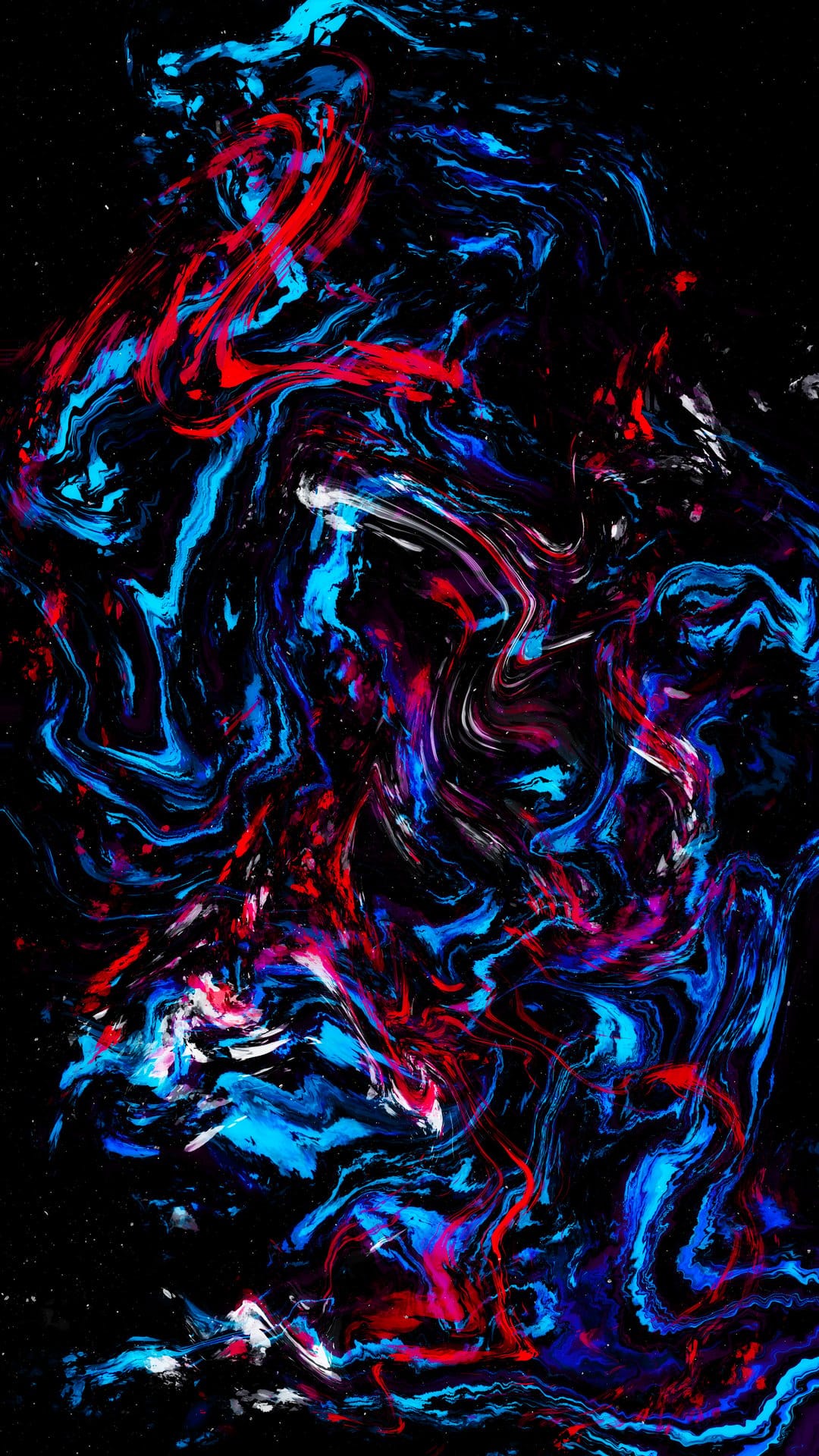 Electric blue and crimson liquid patterns flow together in a marbled design against a stark black background.