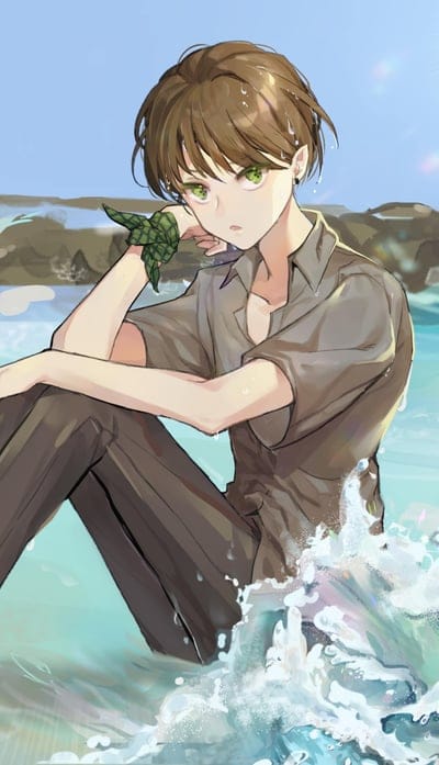 boy,elf,glance,sea,waves,anime,art,cartoon