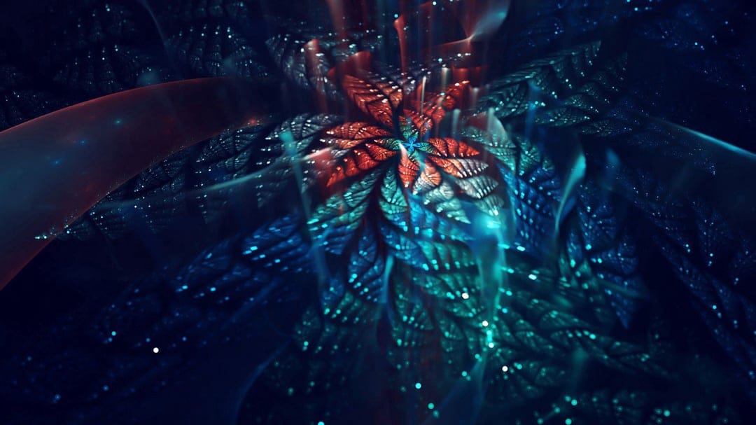 Symmetrical fractal flower with glowing blue and red petals surrounded by floating light particles and embers.