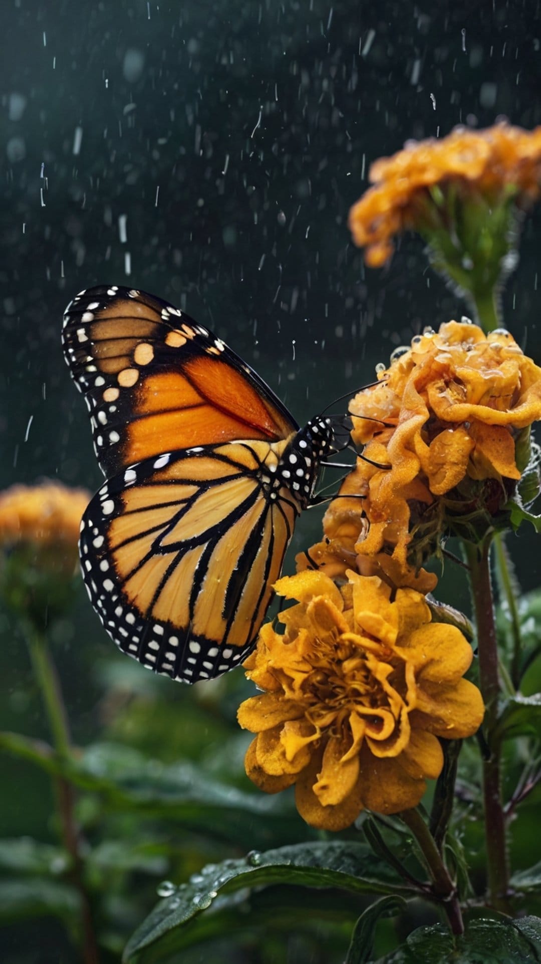 Monarch butterfly with wet wings resting on an orange flower covered in glistening water droplets in the rain.