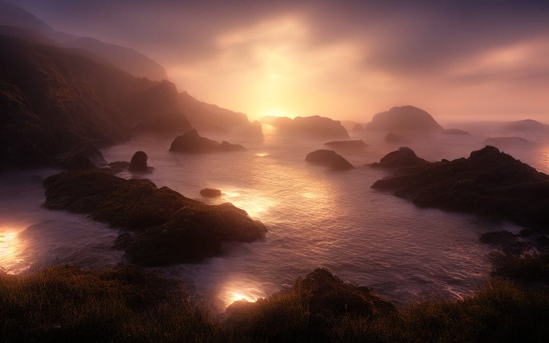 Jagged dark rocks emerge from a thick layer of golden morning mist as gentle ocean waves lap against the misty shoreline.