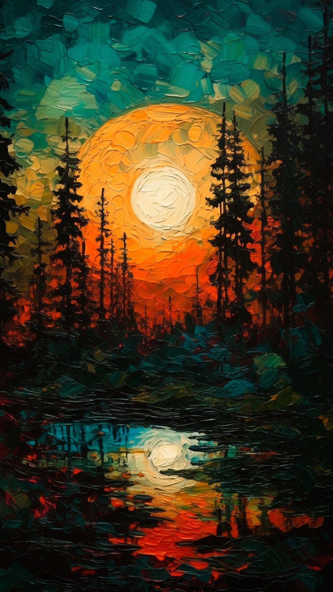 Luminous full moon hangs above a burning orange sunset and pine tree silhouettes reflecting in a calm forest lake.