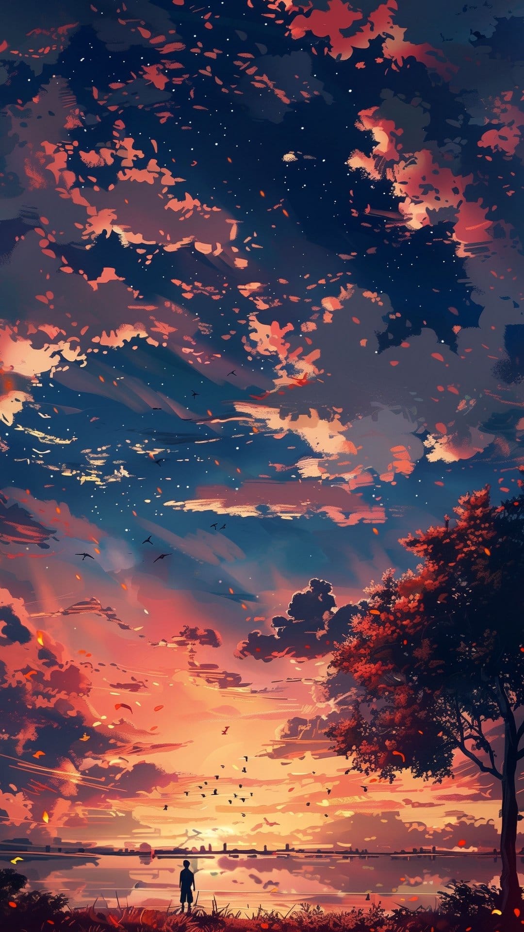 A lone person stands beside a calm lake under a vibrant orange sunset sky with twinkling stars and flying birds.