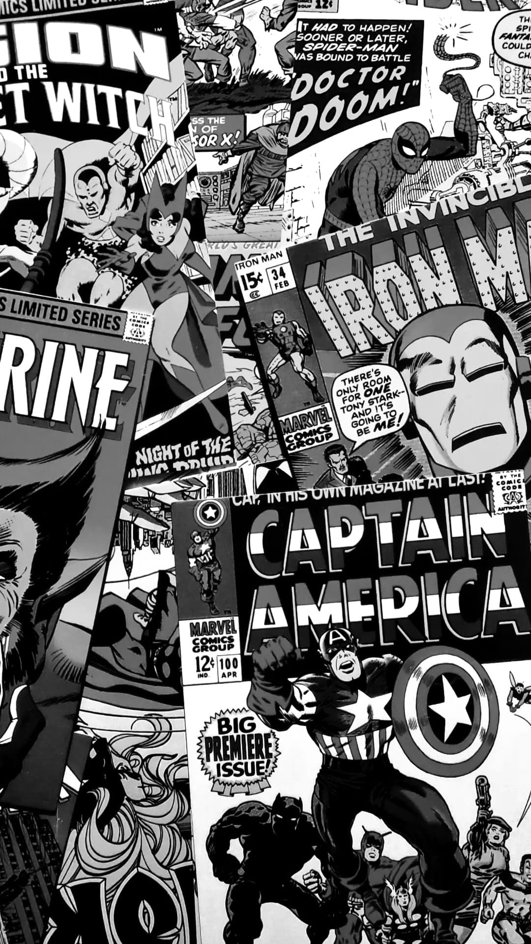 Spider-Man, Iron Man, and Doctor Doom appear in a black and white comic book collage with overlapping panels.