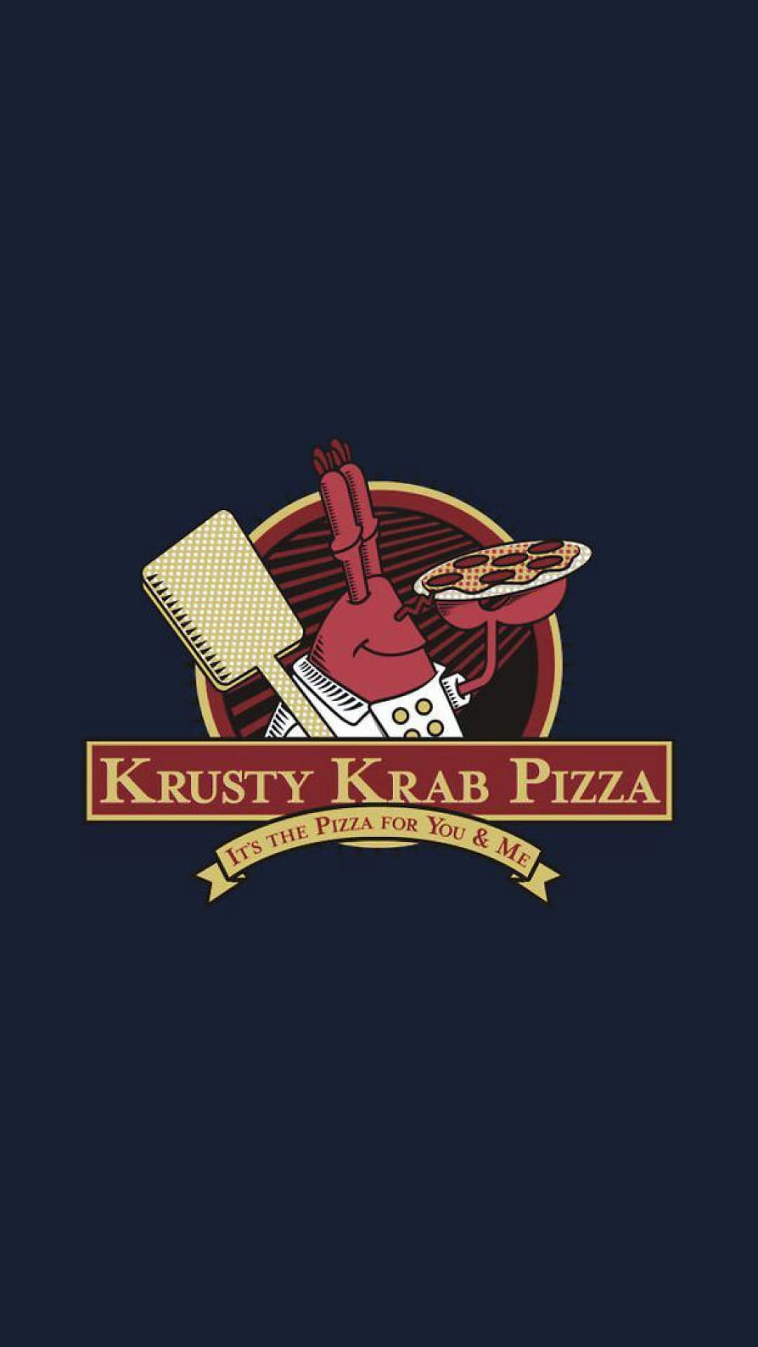 Mr. Krabs in a white chef hat holds a fresh pizza and wooden peel within a circular navy blue restaurant logo.