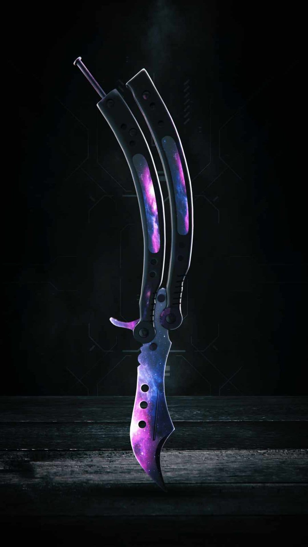 Butterfly knife with a purple galaxy skin featuring starry nebula swirls and a metallic black handle.