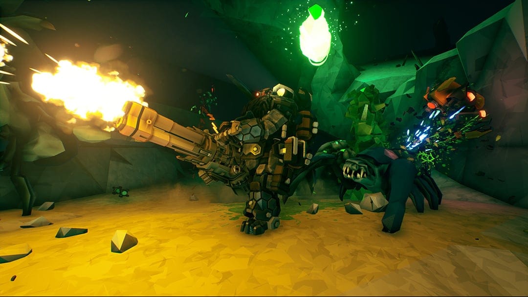 Dwarf gunner firing a minigun with bright muzzle flash at a dark alien monster in a glowing green rocky cave.