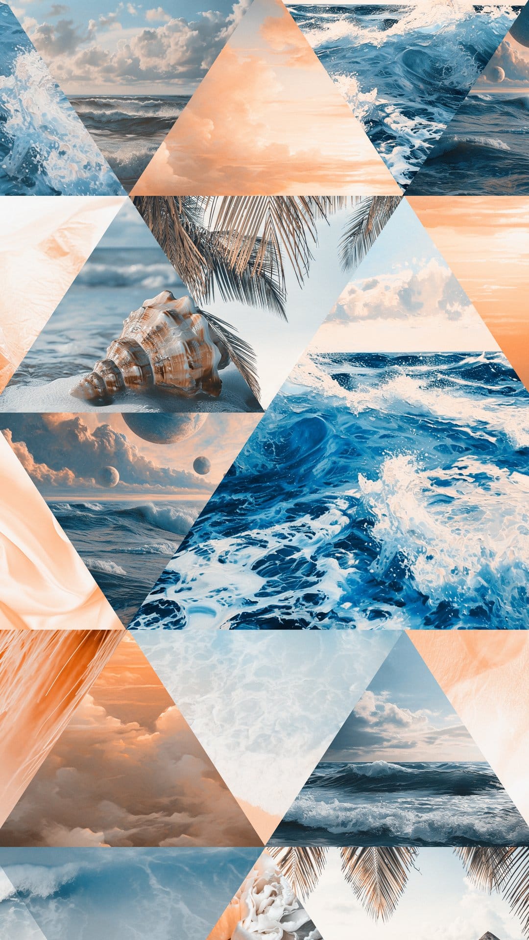 Triangular mosaic fragments of ocean waves, seashells, and palm leaves blend sunset oranges with deep sea blues.