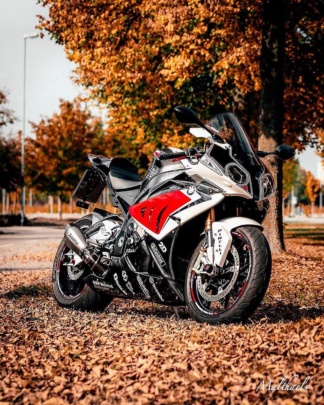 BMW S1000RR motorcycle parked on a thick layer of orange autumn leaves in a forest with soft bokeh lighting.