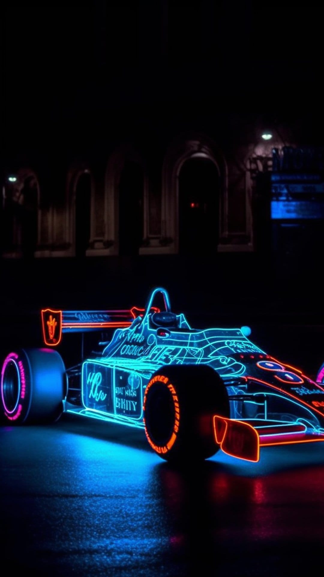 Formula 1 car with neon blue and orange outlines sits on wet asphalt under arched buildings at night.